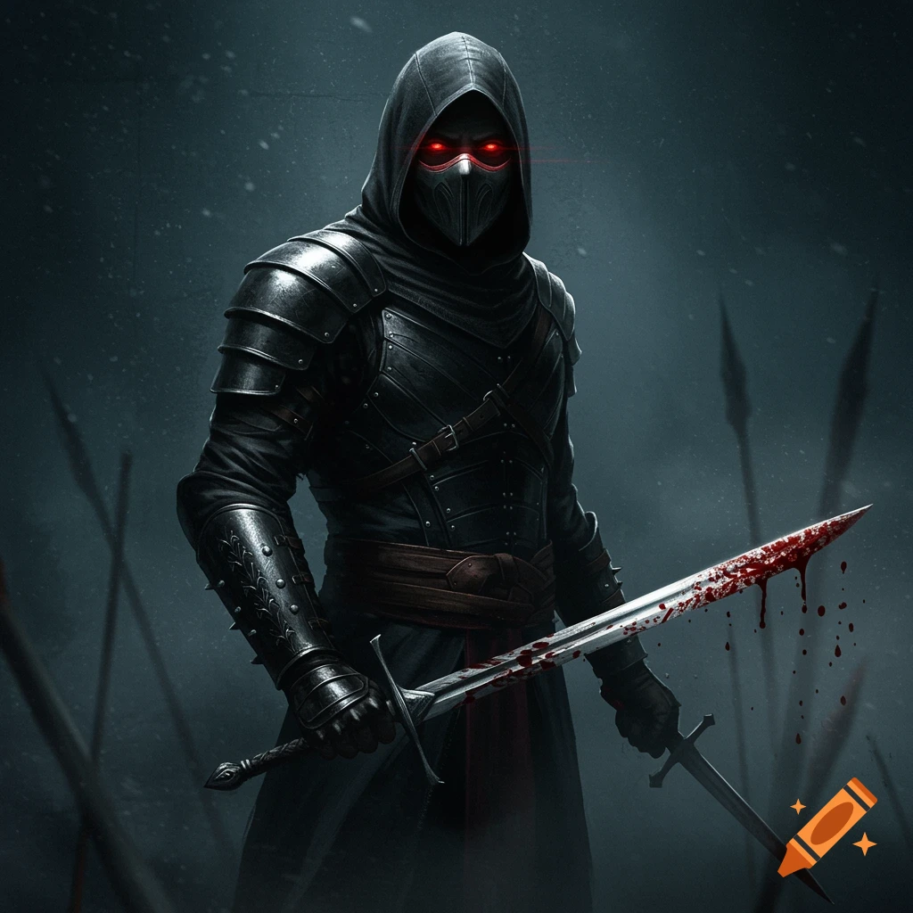 A masked assassin in black armor with red glowing eyes holds a blood-stained sword in a dark, misty setting.