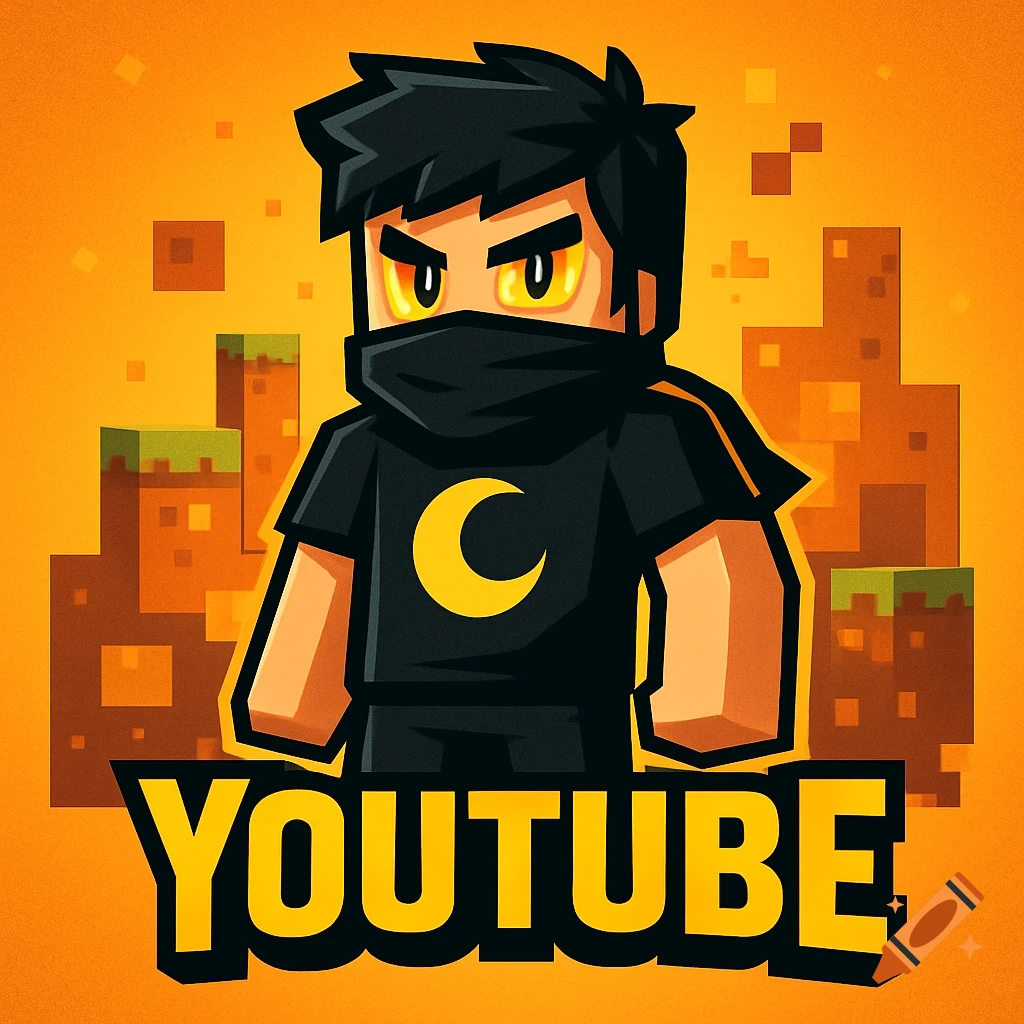 Cartoon Minecraft-style character with a black scarf and crescent moon shirt, over an orange pixelated background with 'YOUTUBE' text.