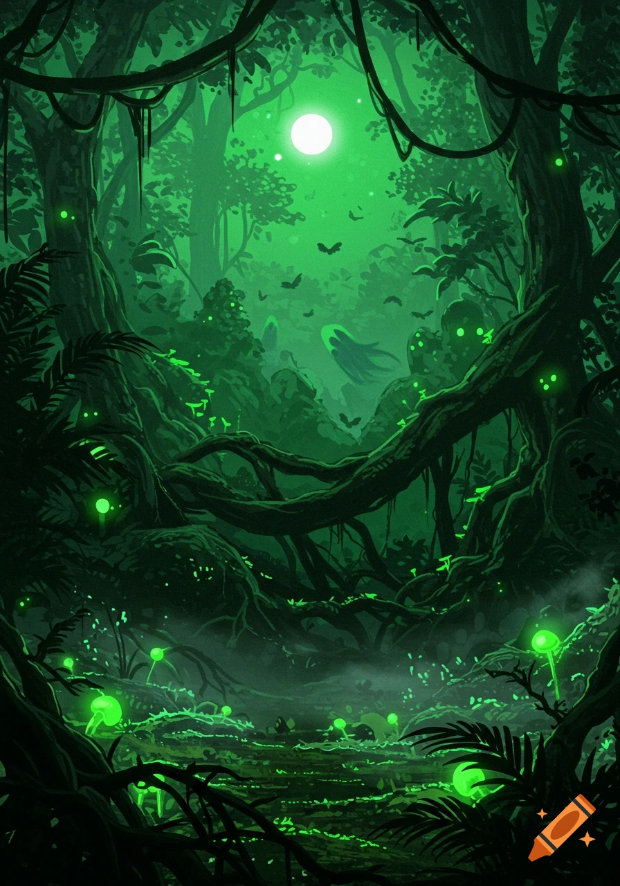 A dark, spooky jungle at night, illuminated by a bright green moon and glowing flora. Eerie creatures and bats fly among dense trees and vines.