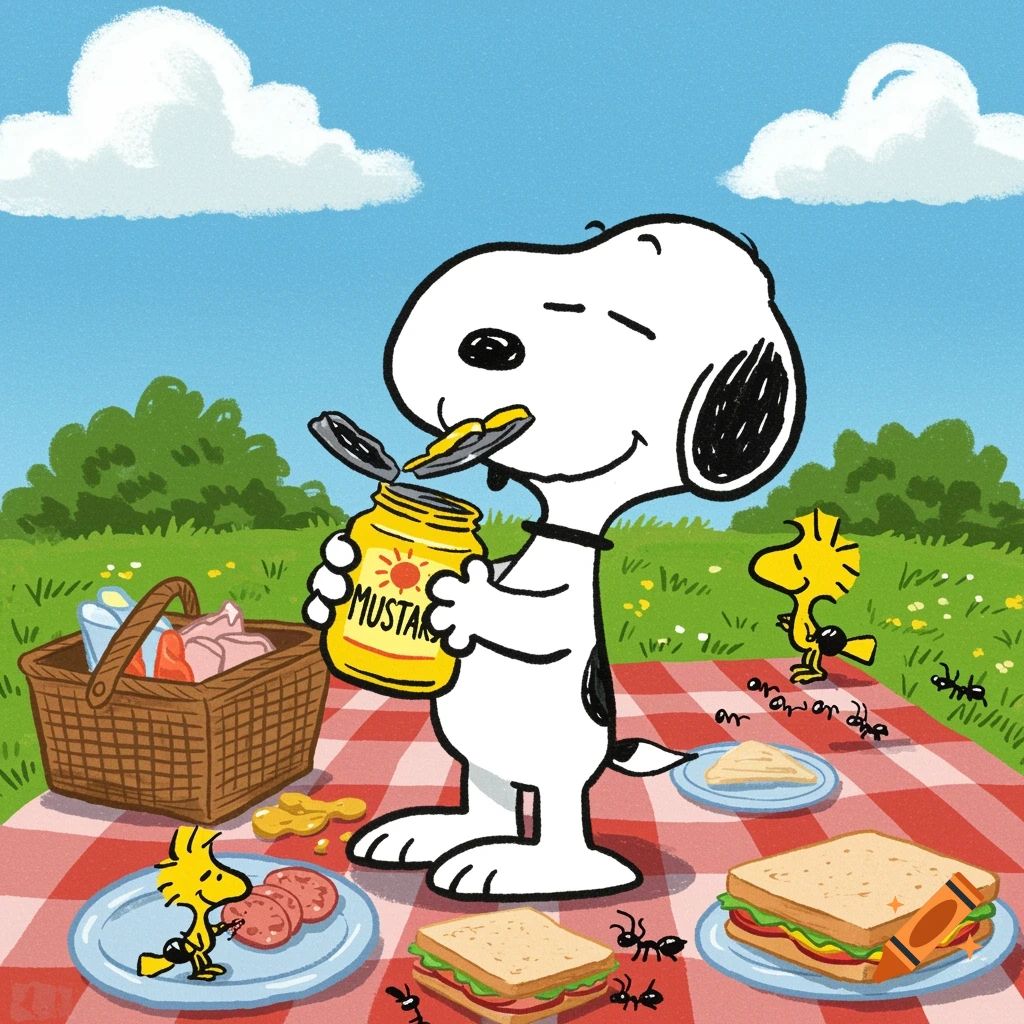 Snoopy and Woodstock on a picnic blanket, with Snoopy eating mustard from a jar and ants crawling around food in a cartoon style.