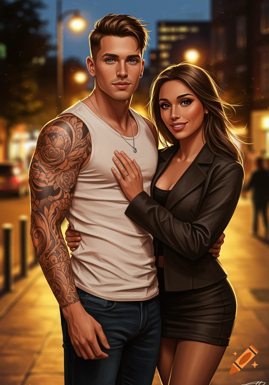 A stylized digital art portrait of a man with tattoos in a tank top and a woman in a blazer and skirt, embracing on a city street at night.