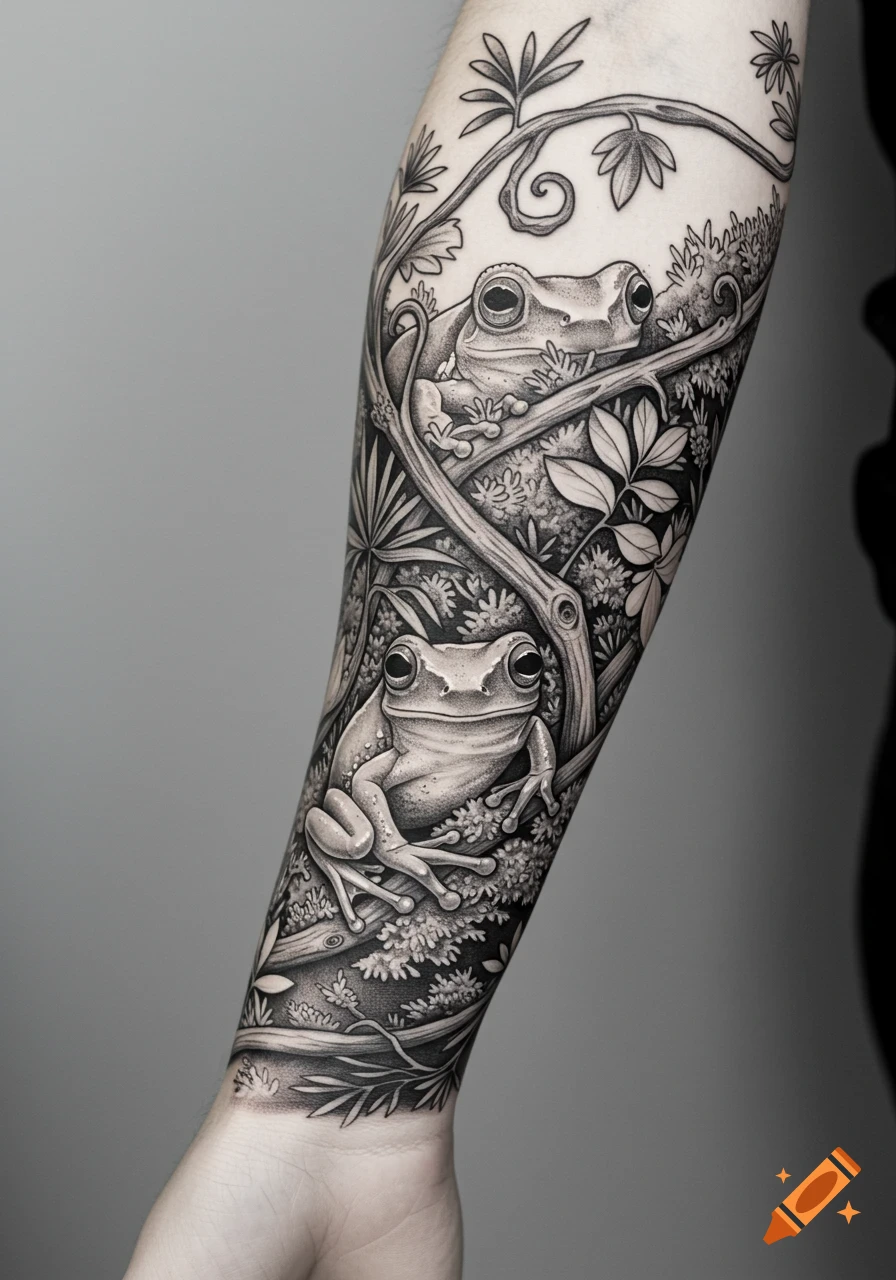 Black and white tattoo of two tree frogs among plants and vines on a forearm.