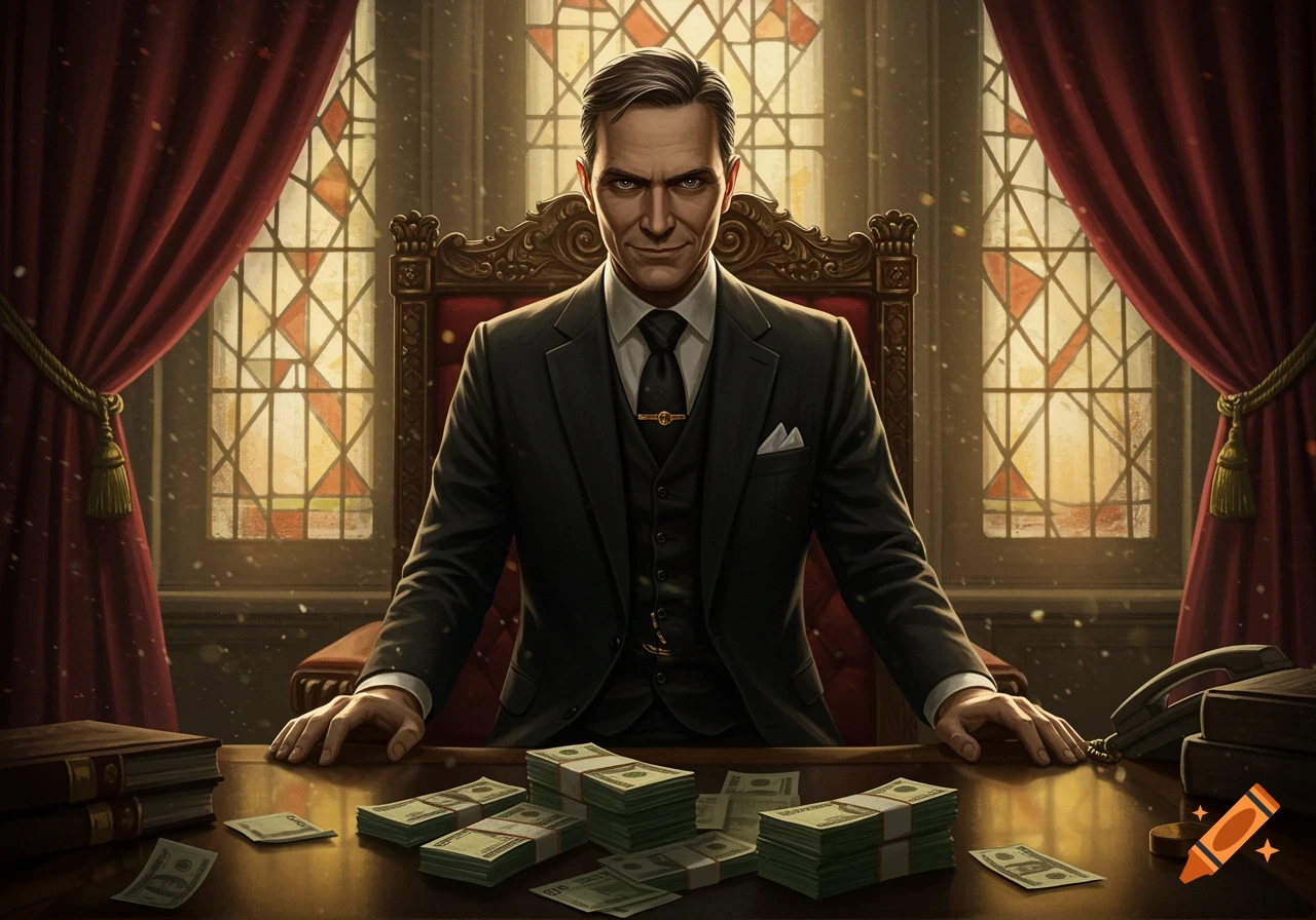 A menacing man in a suit sits behind a desk covered with stacks of money in a grand office with stained glass windows.