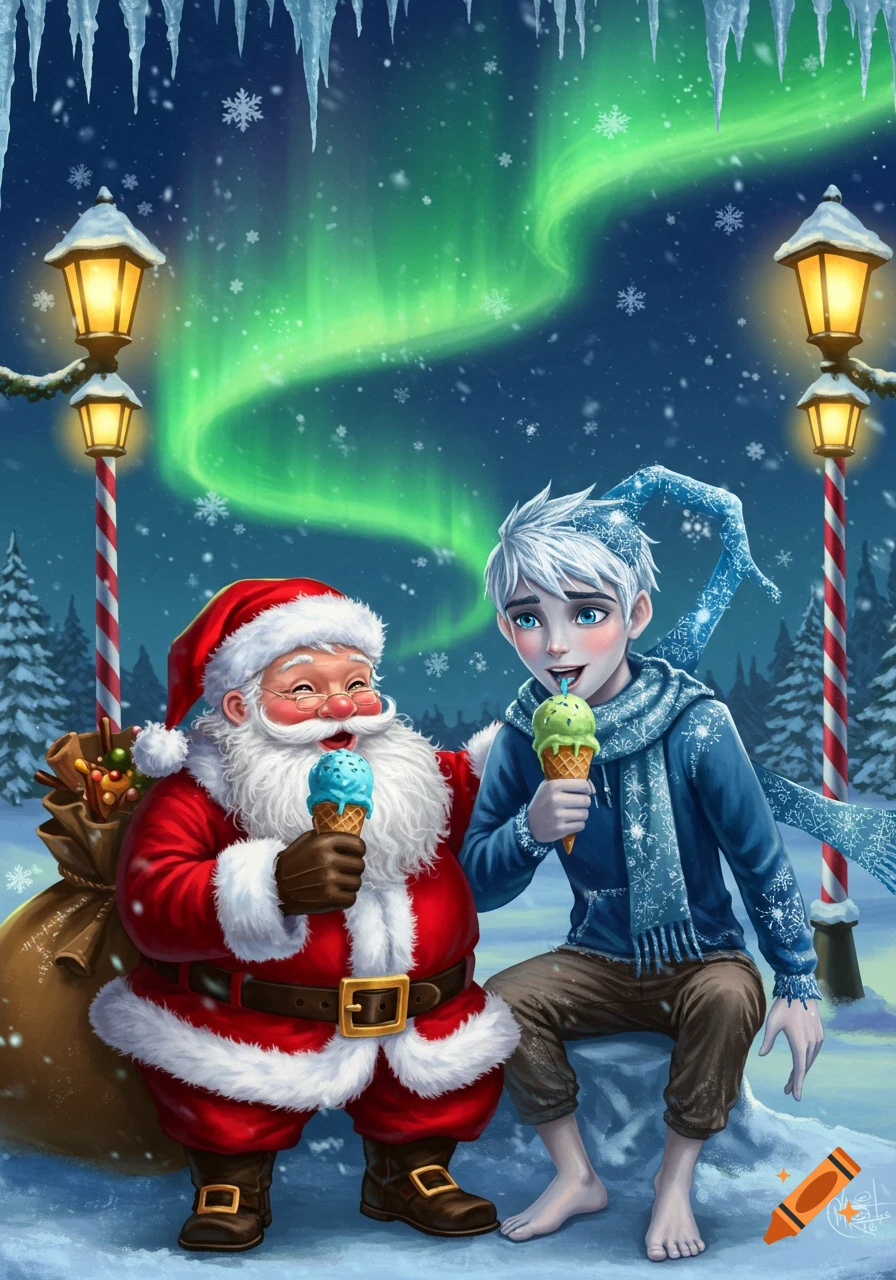 Illustration of Santa Claus and Jack Frost eating ice cream cones in a snowy North Pole scene with lampposts and the Northern Lights.
