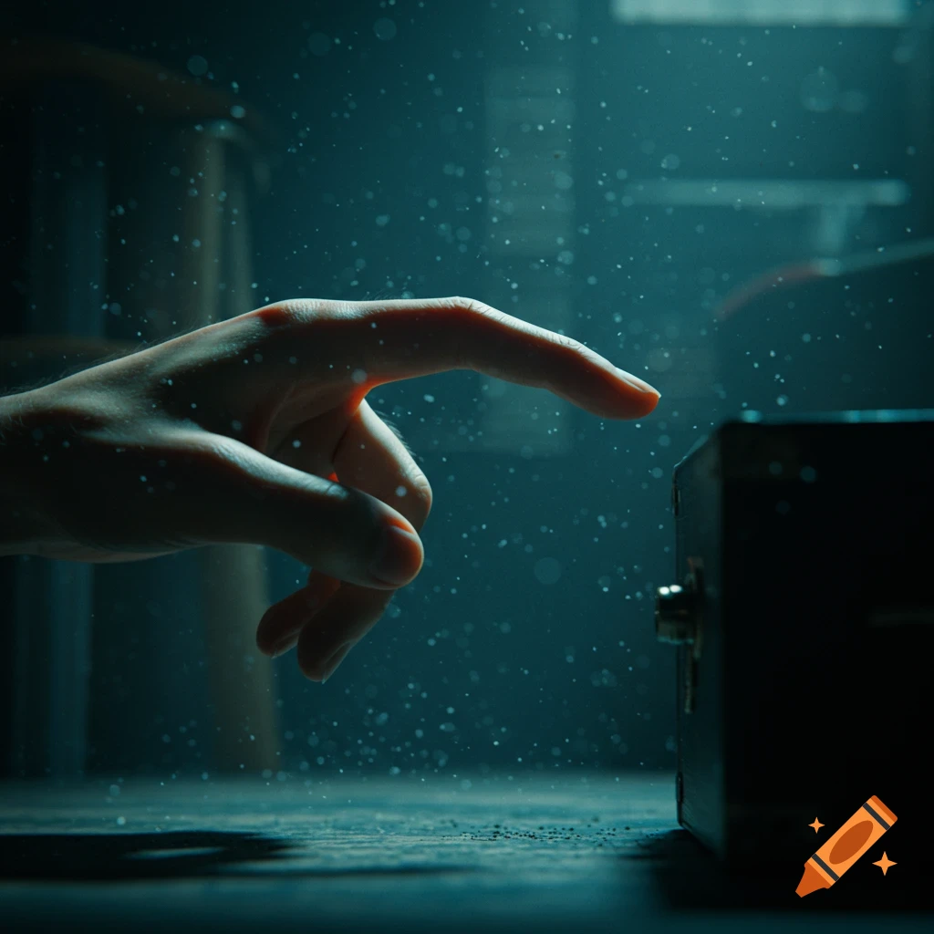 A human finger extends towards a dark object in a dusty, dimly lit, photorealistic scene.