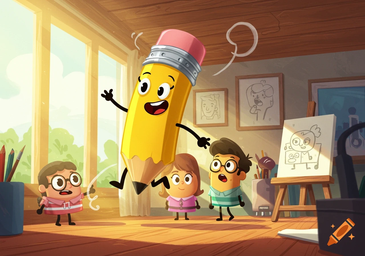 Brightly lit cartoon scene with a large anthropomorphic yellow pencil jumping, observed by three small cartoon children in a sunlit art room.