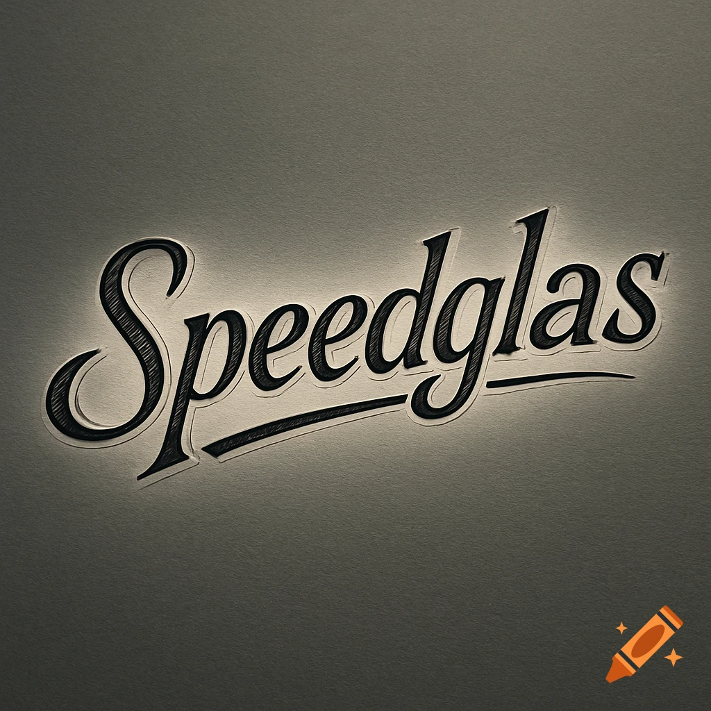 The word 'Speedglas' in a black, textured, script-style font with a white outline and glow on a gray background.