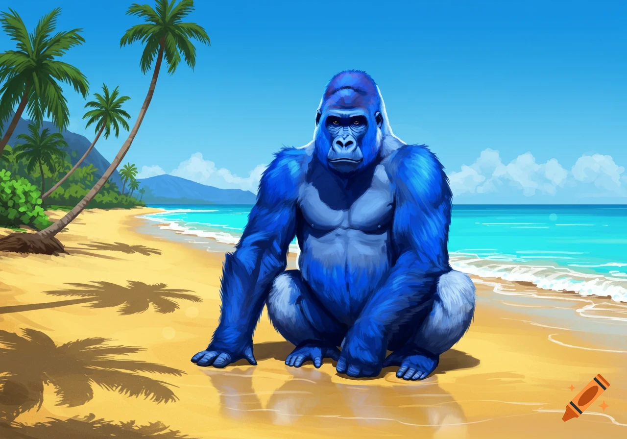 A vibrant blue gorilla crouches on a sunny sandy beach with palm trees and a bright blue ocean.