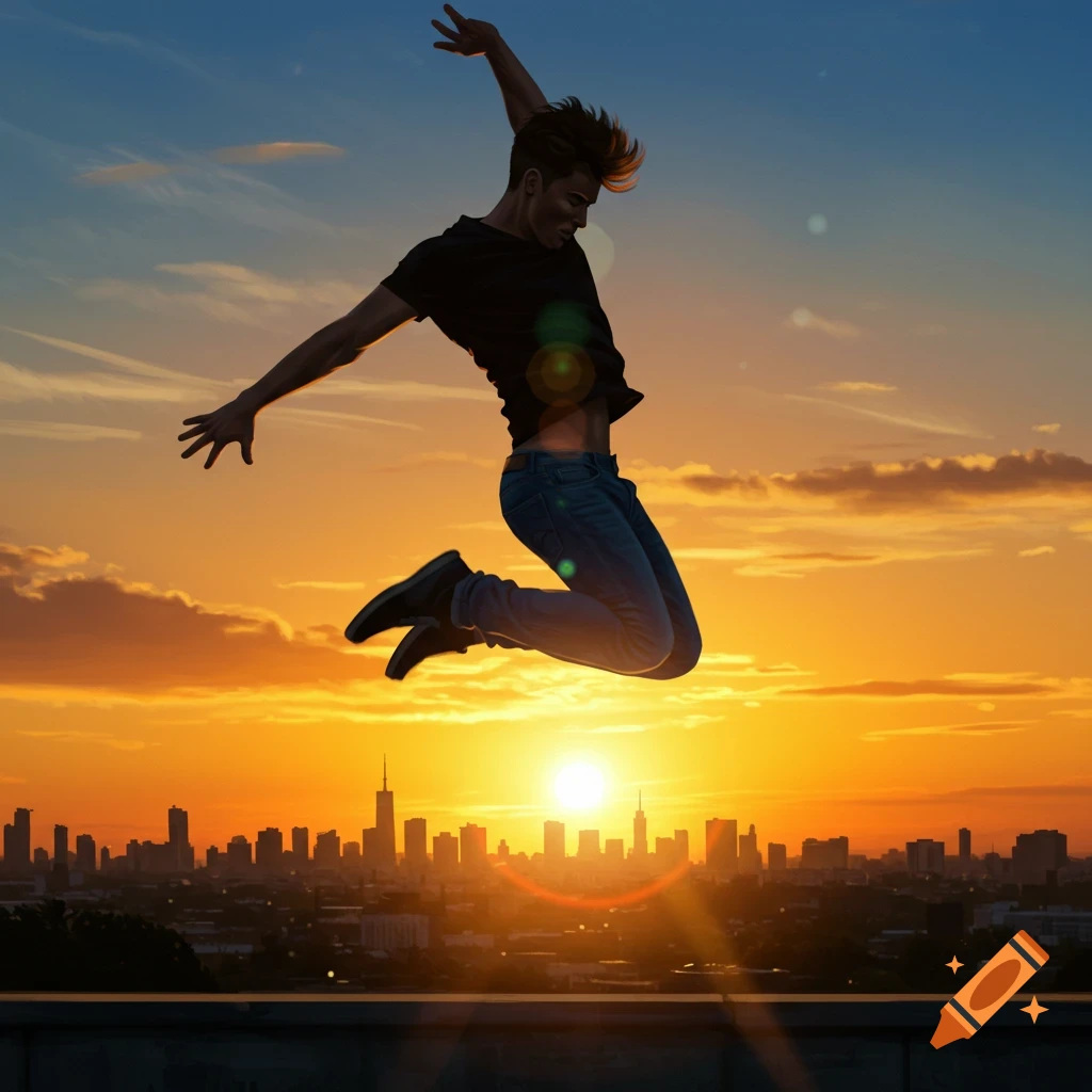A silhouetted man jumps high in the air against a vibrant orange and blue sunset over a city skyline.