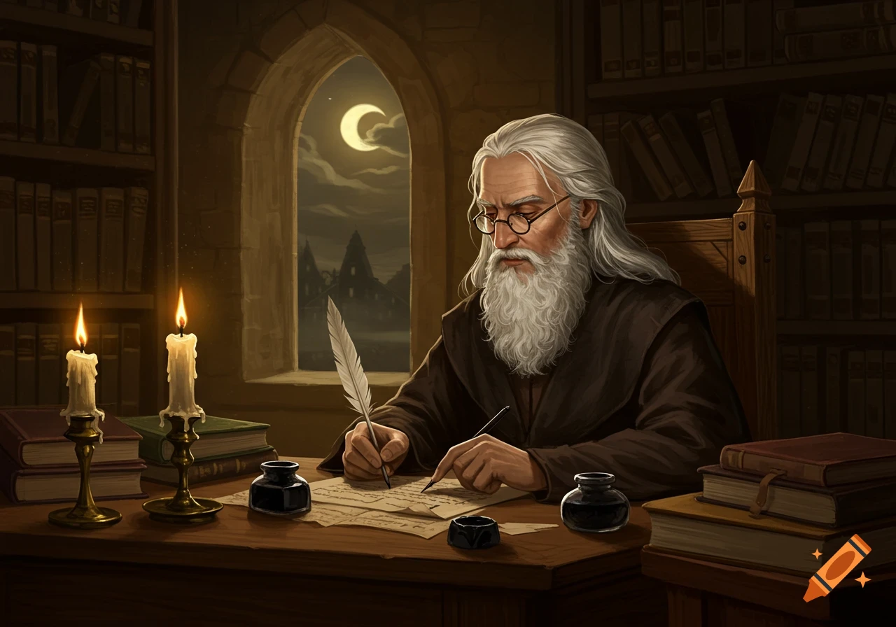 An old man with long white hair and a beard, wearing glasses and a robe, writes with a quill at a desk illuminated by candles in a moonlit library.