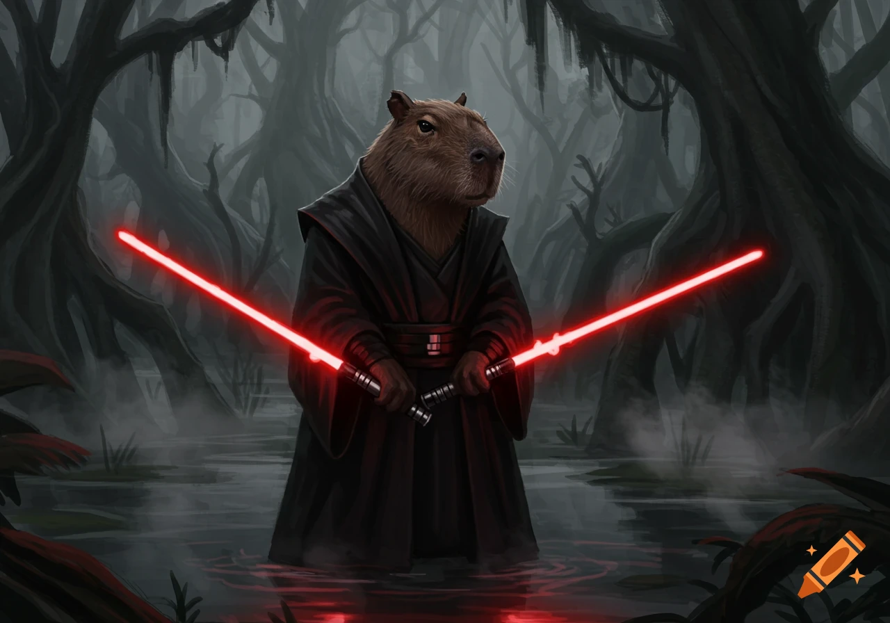 A capybara dressed in a black Sith robe stands in a dark, misty swamp, holding two glowing red lightsabers.