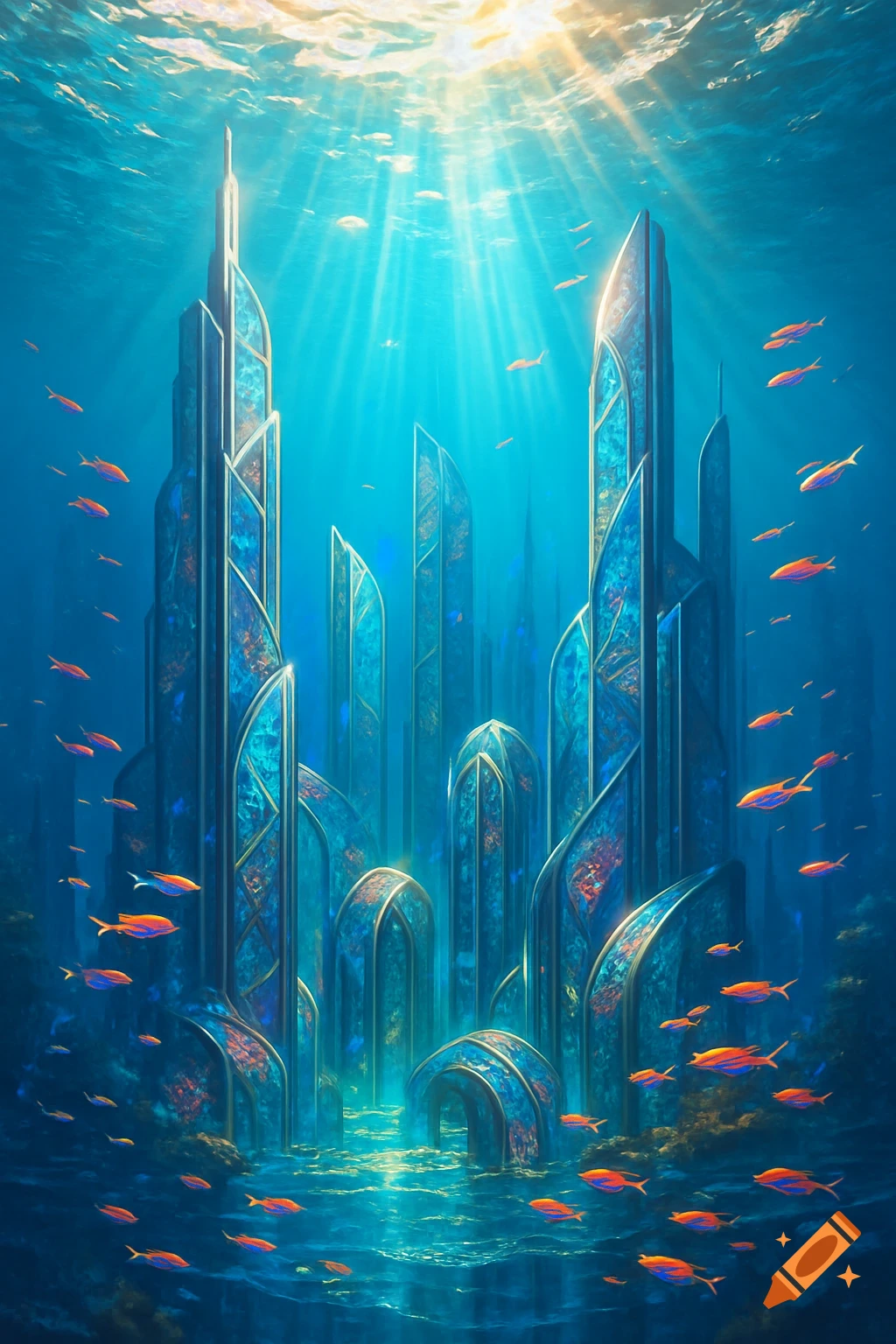 An elaborate underwater city with glowing blue, crystalline structures and orange fish swimming among sunlit water.
