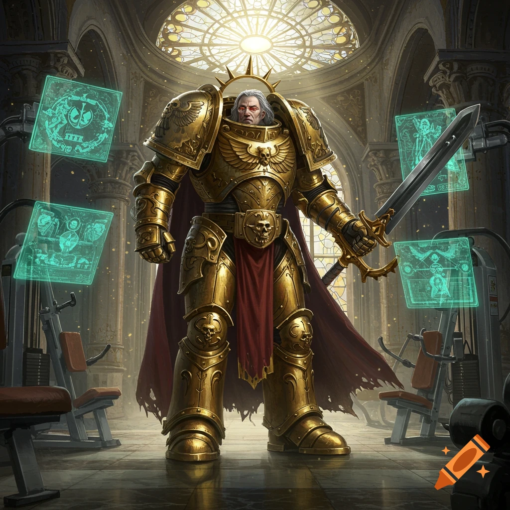 The God Emperor of Mankind in golden armor stands in an ornate cathedral-gym with glowing holographic screens and gym equipment, holding a sword.