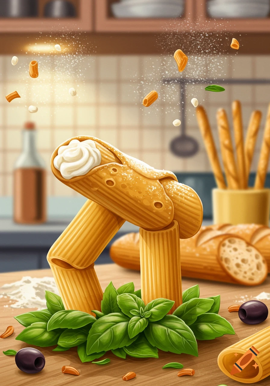 A whimsical illustration of a cannoli with whipped cream on rigatoni legs, surrounded by basil, olives, bread, and pasta in a kitchen setting.