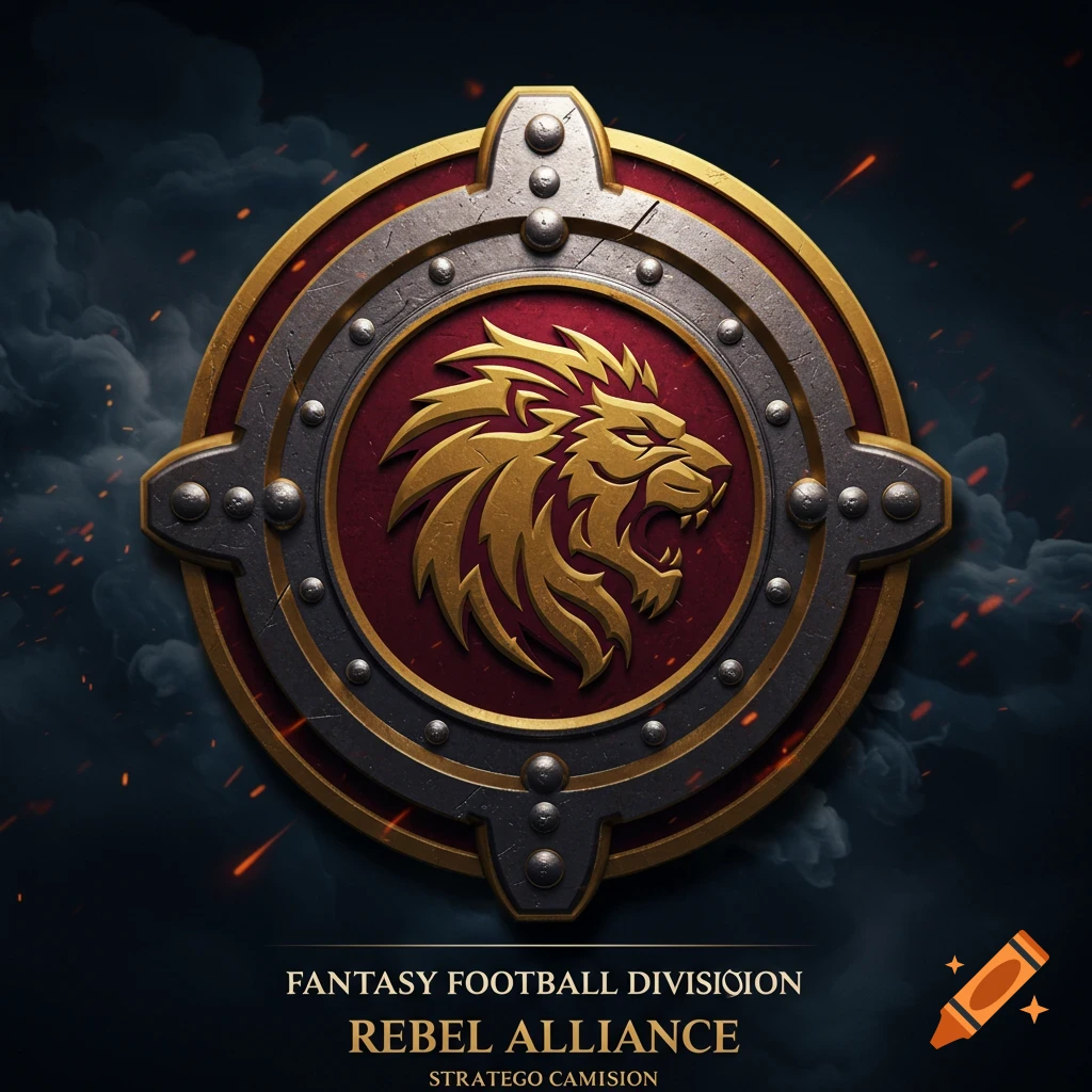 A bronze and red emblem featuring a roaring golden lion's head, set against a dark, stormy sky with sparks. Text below reads 'FANTASY FOOTBALL DIVISION REBEL ALLIANCE'.
