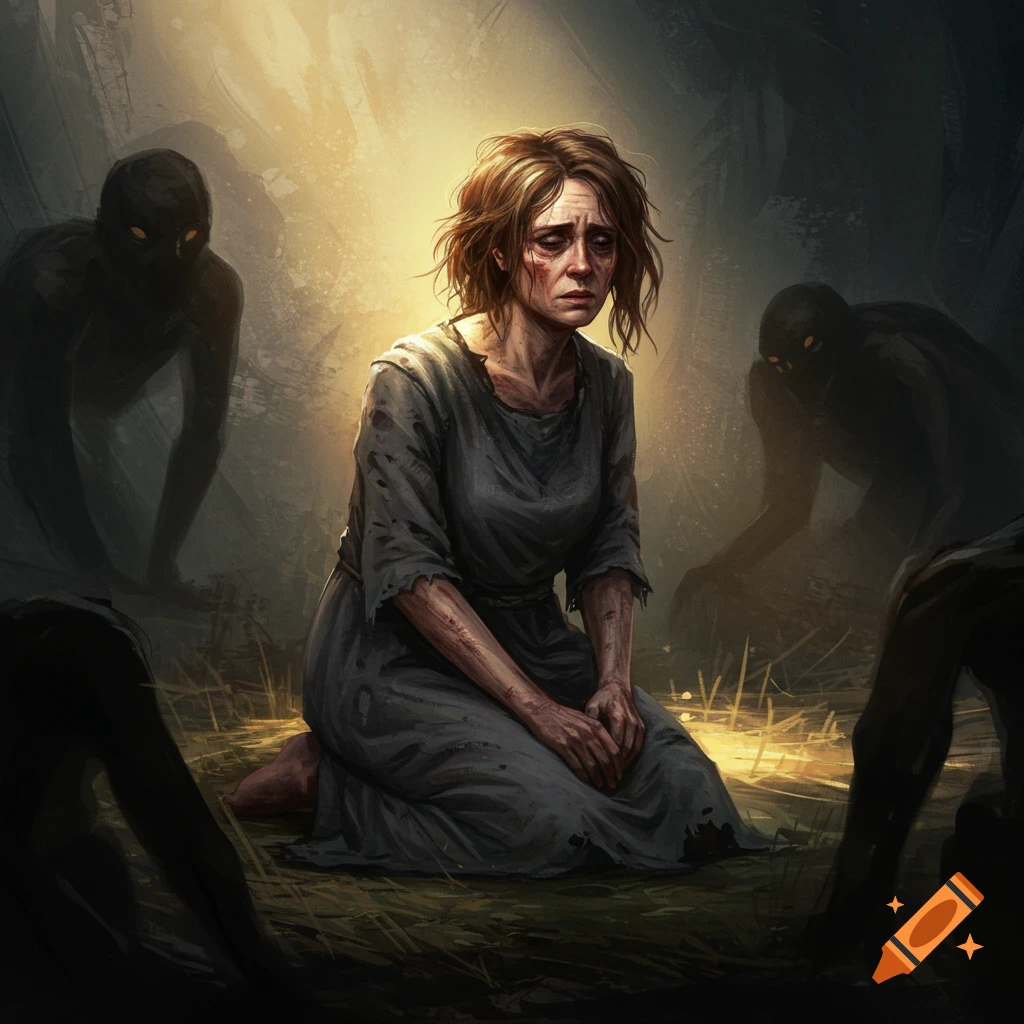 A distraught woman in a ragged gray dress kneels in a dimly lit, shadowy setting, surrounded by dark, indistinct figures with glowing eyes. Digital painting.