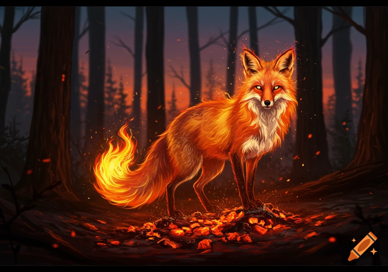 A majestic fox with glowing fiery fur and a flaming tail stands in a dark, ember-filled forest, rendered in a digital painting style.