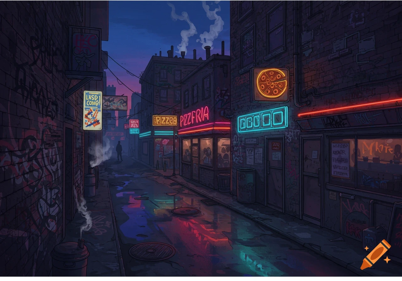 A stylized, dark alleyway at night, lit by vibrant neon signs for a pizzeria and other establishments, with a lone figure in the distance. The ground is wet, reflecting the neon lights.