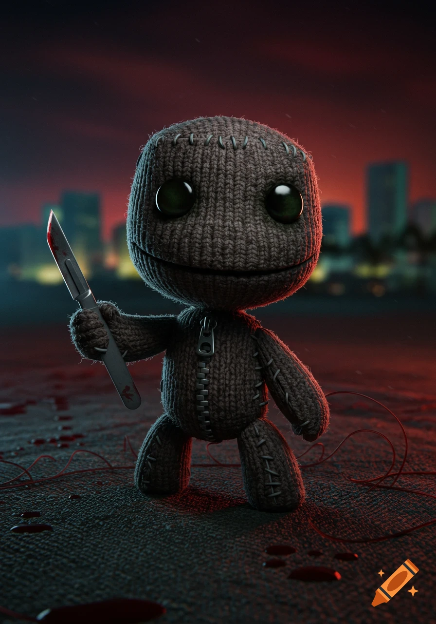 A cute, knitted Sackboy-like character holds a bloody scalpel with blood drops on the ground, against a dark city background.