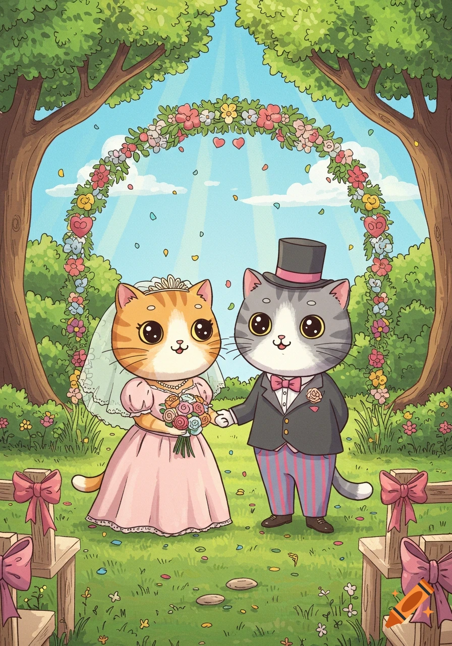A cartoon orange and white cat bride in a pink dress and a gray and white cat groom in a tuxedo under a floral wedding arch.