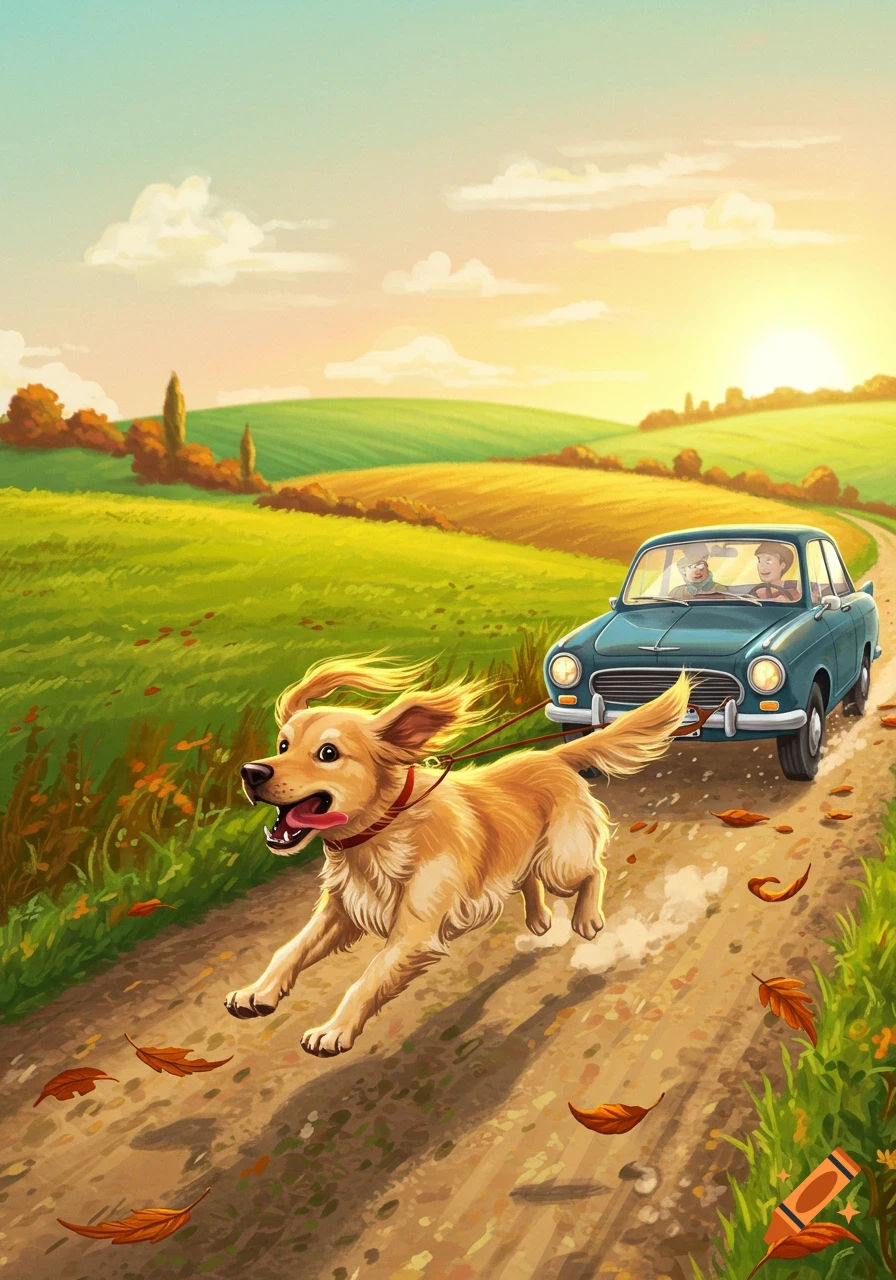 A golden retriever joyfully pulls a blue vintage car with two people along a dirt road through green fields under a sunset sky, illustrated.