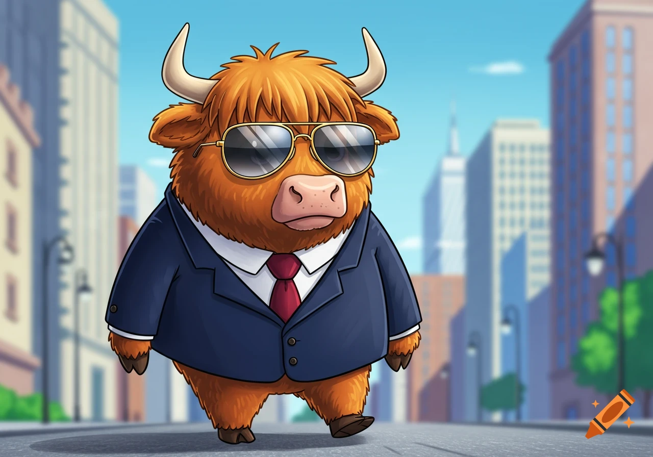Cartoon Highland cow in a suit, tie, and sunglasses walks on a city street.