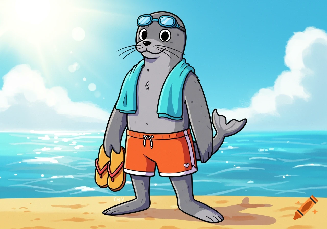 A cartoon seal wearing goggles, a blue towel, and orange swim shorts stands on a sandy beach holding yellow flip-flops, with the ocean and sky in the background.
