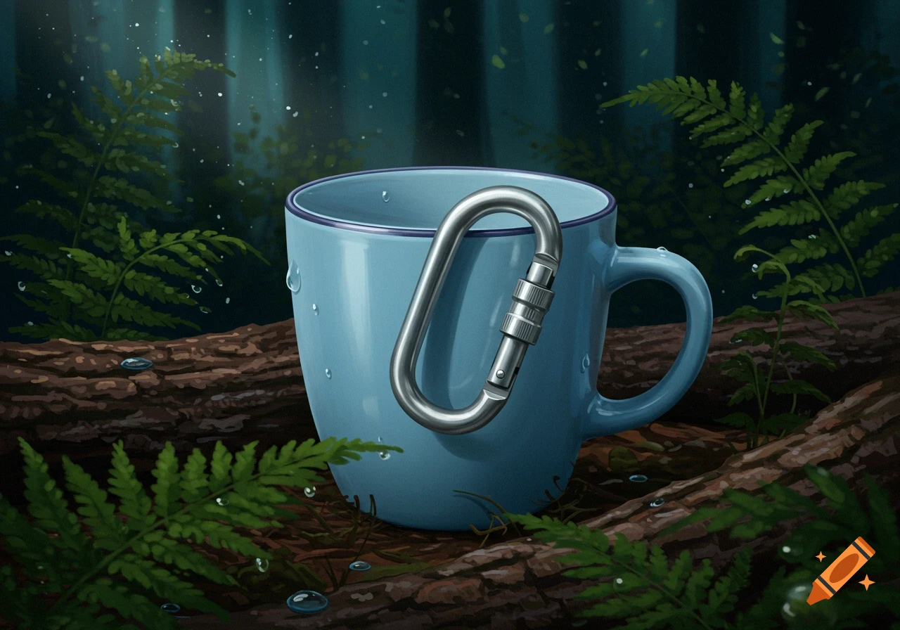A light blue mug with a silver climbing carabiner hanging from its side, sitting on a log with ferns and water droplets in a forest.