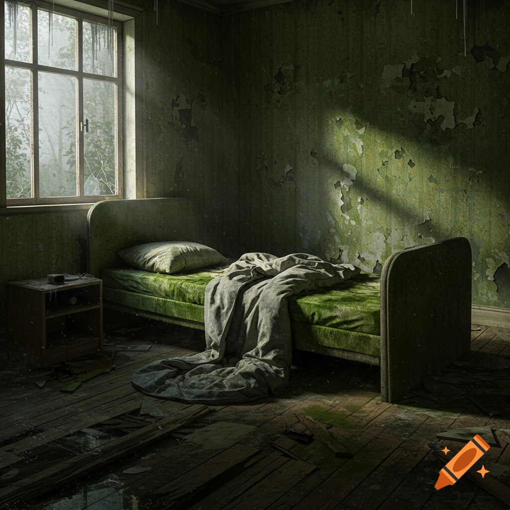 A dark, abandoned bedroom with a moldy green bed, peeling wallpaper, and sunlight filtering through a dirty window into a misty forest.