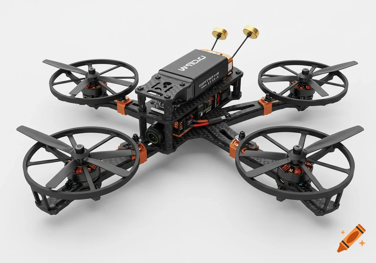 A photorealistic 3D render of a compact black quadcopter drone with ducted fans and orange accents, on a white background.