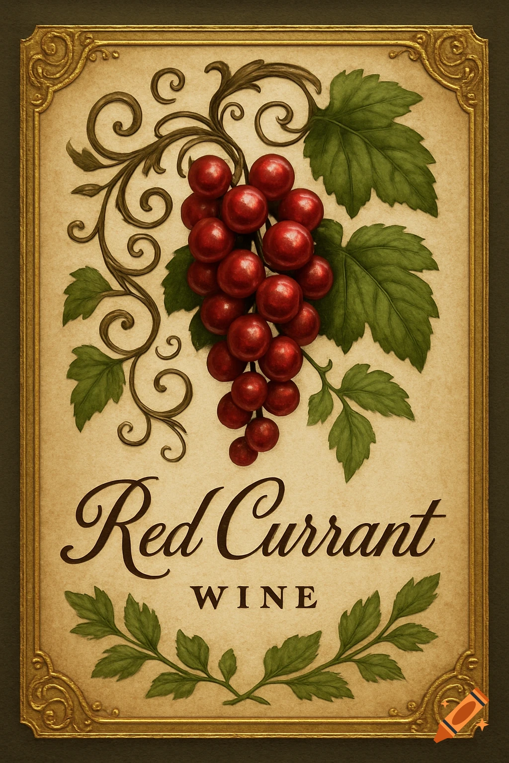Vintage style label for Red Currant Wine, featuring a cluster of red currants and green leaves in an ornate gold frame.