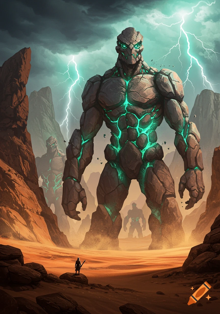 Gigantic rock monsters with glowing green cracks stand under a stormy, lightning-filled sky in a rocky desert, with a tiny human below.