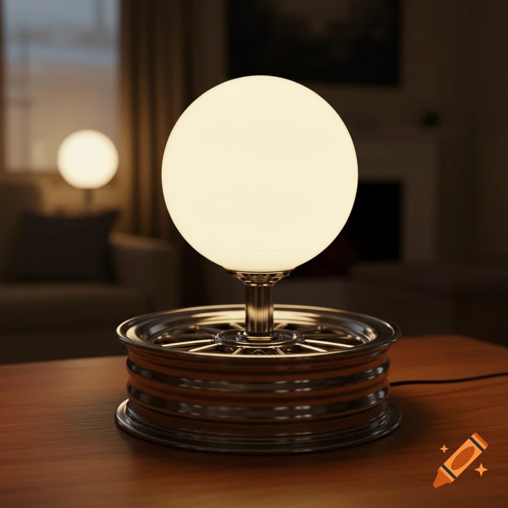 A table lamp with a glowing opal white glass globe and a base made from a metallic go-kart rim, on a wooden table.