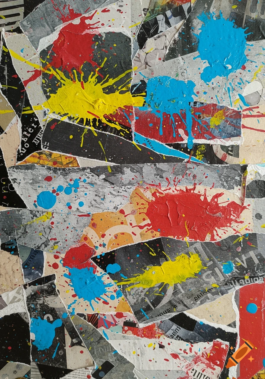 Abstract collage of torn paper pieces with vibrant splashes of red, yellow, and blue paint.