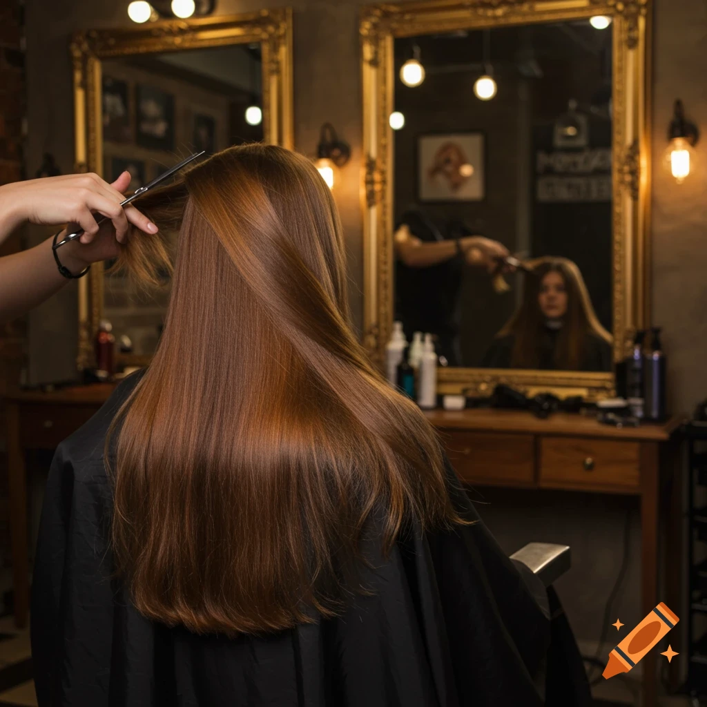 A person with long brown hair getting a haircut in a salon, viewed from behind with reflections in ornate mirrors.