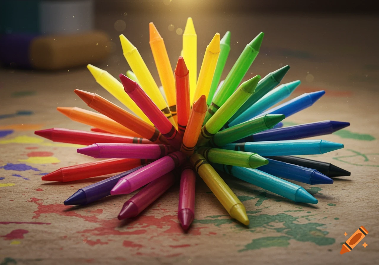 Vibrant crayons in a starburst pattern on a splattered, textured surface, illuminated by a warm light. Photorealistic style.