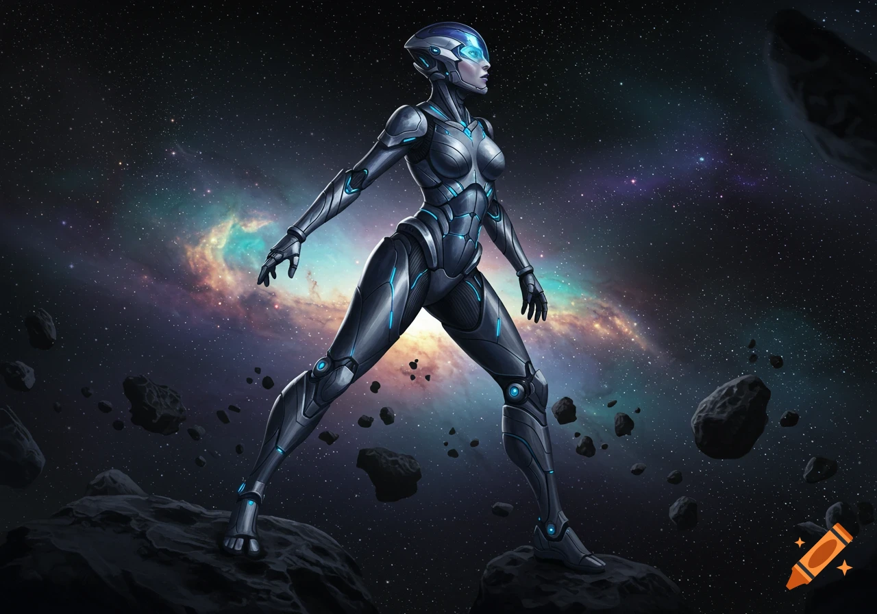 A female figure in a sleek, metallic armored space suit with blue lights stands on an asteroid in deep space with a colorful galaxy.