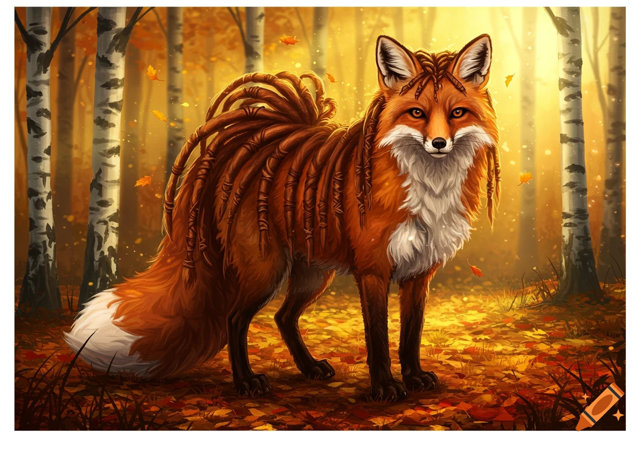 A fantasy fox with dreadlocks stands in a brightly lit autumn forest with falling leaves.