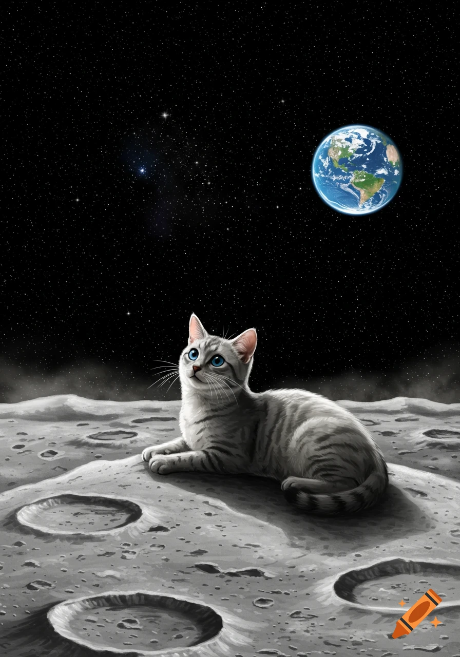 A grey tabby cat with blue eyes lies on the surface of the moon, looking up at Earth and a starry sky.