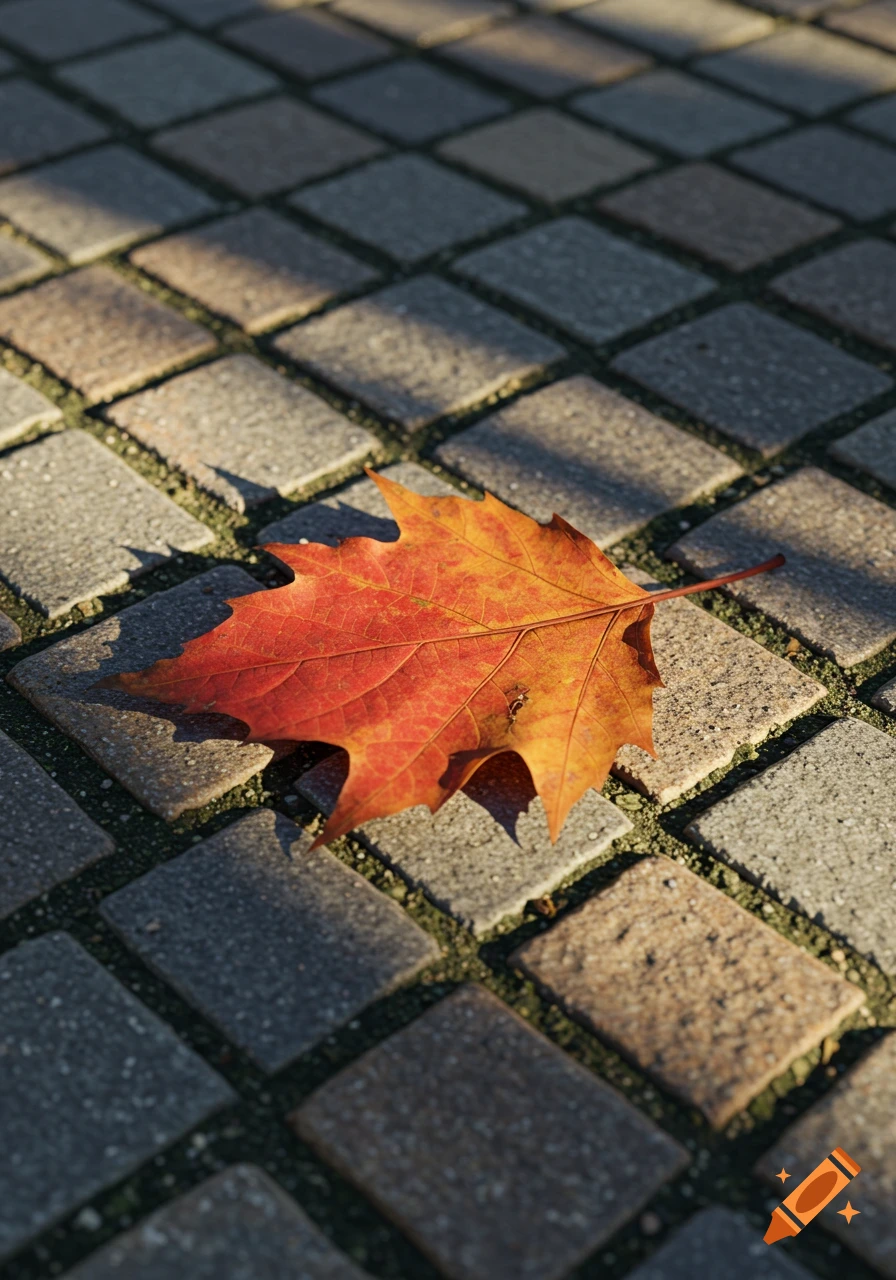 A vibrant red and orange autumn leaf rests on a textured stone pavement, illuminated by sunlight.