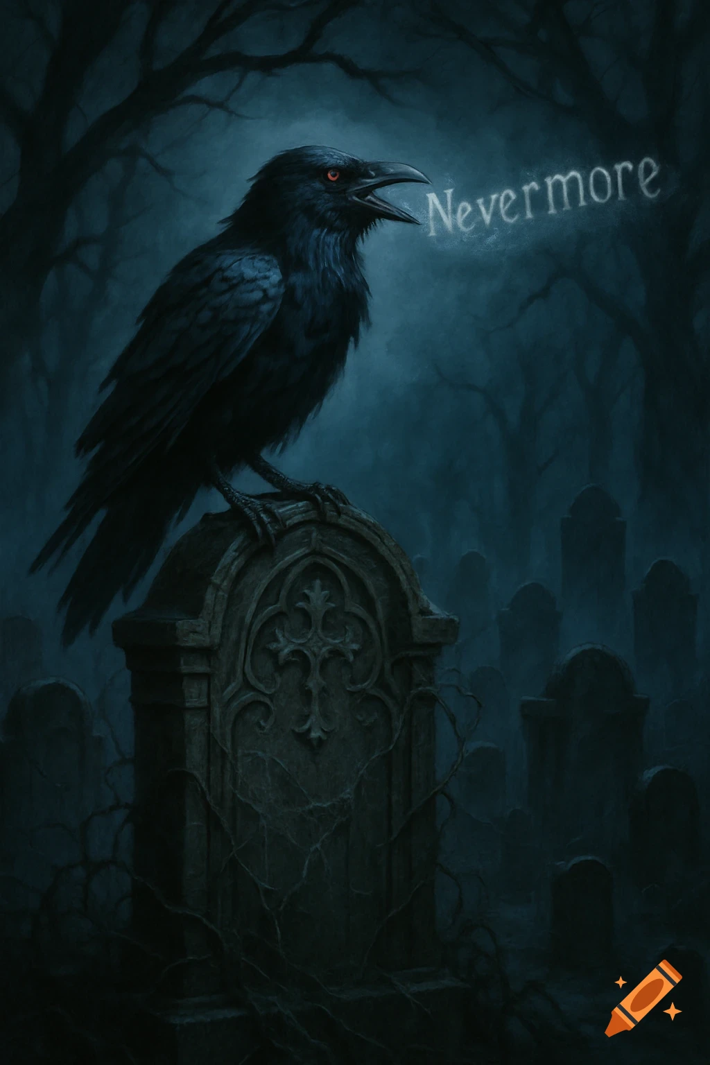 A dark gothic illustration features a black raven with red eyes perched on an ornate tombstone in a misty cemetery, uttering 'Nevermore'.