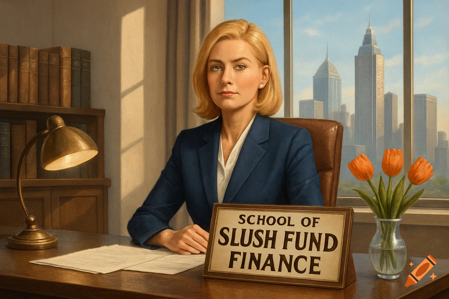 A blond woman in a blue suit sits at a desk with a 'School of Slush Fund Finance' sign, in a city office with skyscrapers visible.