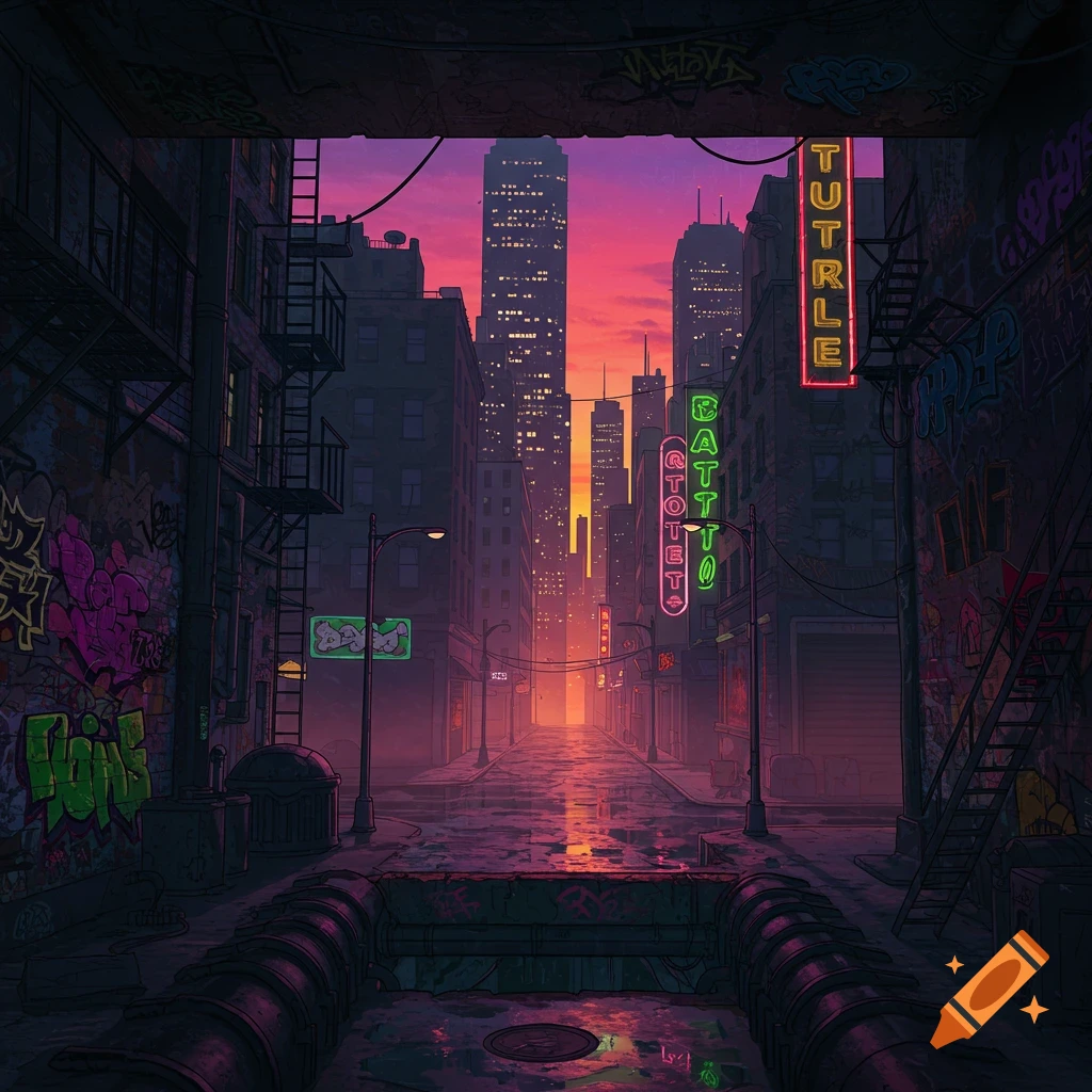 A stylized cityscape alley at dusk, with tall buildings, wet streets reflecting the purple and orange sky, and neon signs on the buildings.