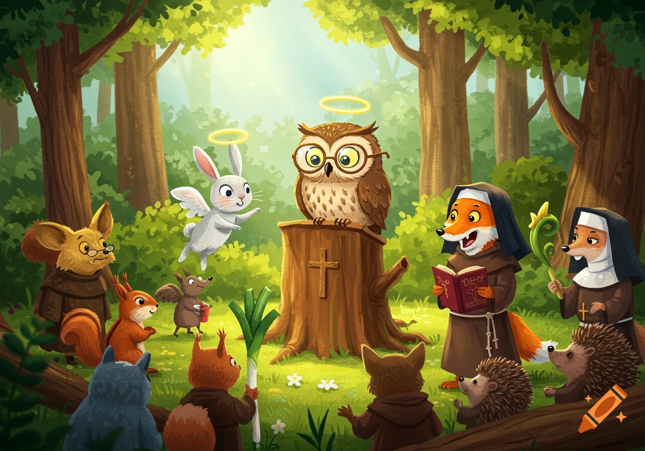 Cartoon forest scene with anthropomorphic animals, including an owl with a halo, flying rabbit, fox-nuns, squirrels, and hedgehogs.