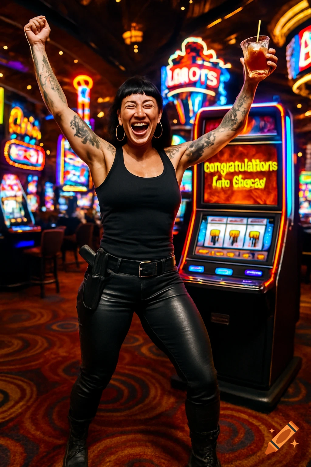 A jubilant woman in a black tank top and leather pants with a pistol strapped to her hip, raises her arms in the air with a drink in hand, celebrating a jackpot win at a slot machine in a vibrant casino.