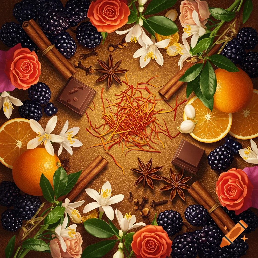 A top-down still life featuring oranges, blackberries, roses, white flowers, cinnamon sticks, star anise, cloves, saffron threads, and chocolate squares on a textured brown background.