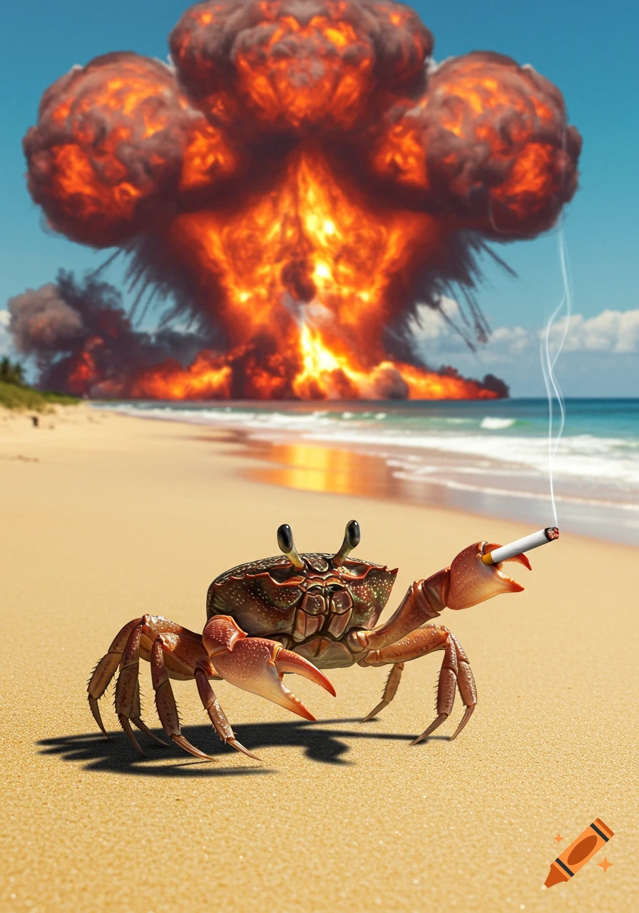 A photorealistic crab on a sandy beach holds a lit cigarette in its claw, with a massive fiery explosion in the background.