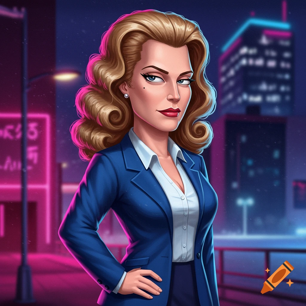 Stylized portrait of a woman with blonde curly hair in a blue suit, standing at night with neon-lit city buildings in the background.