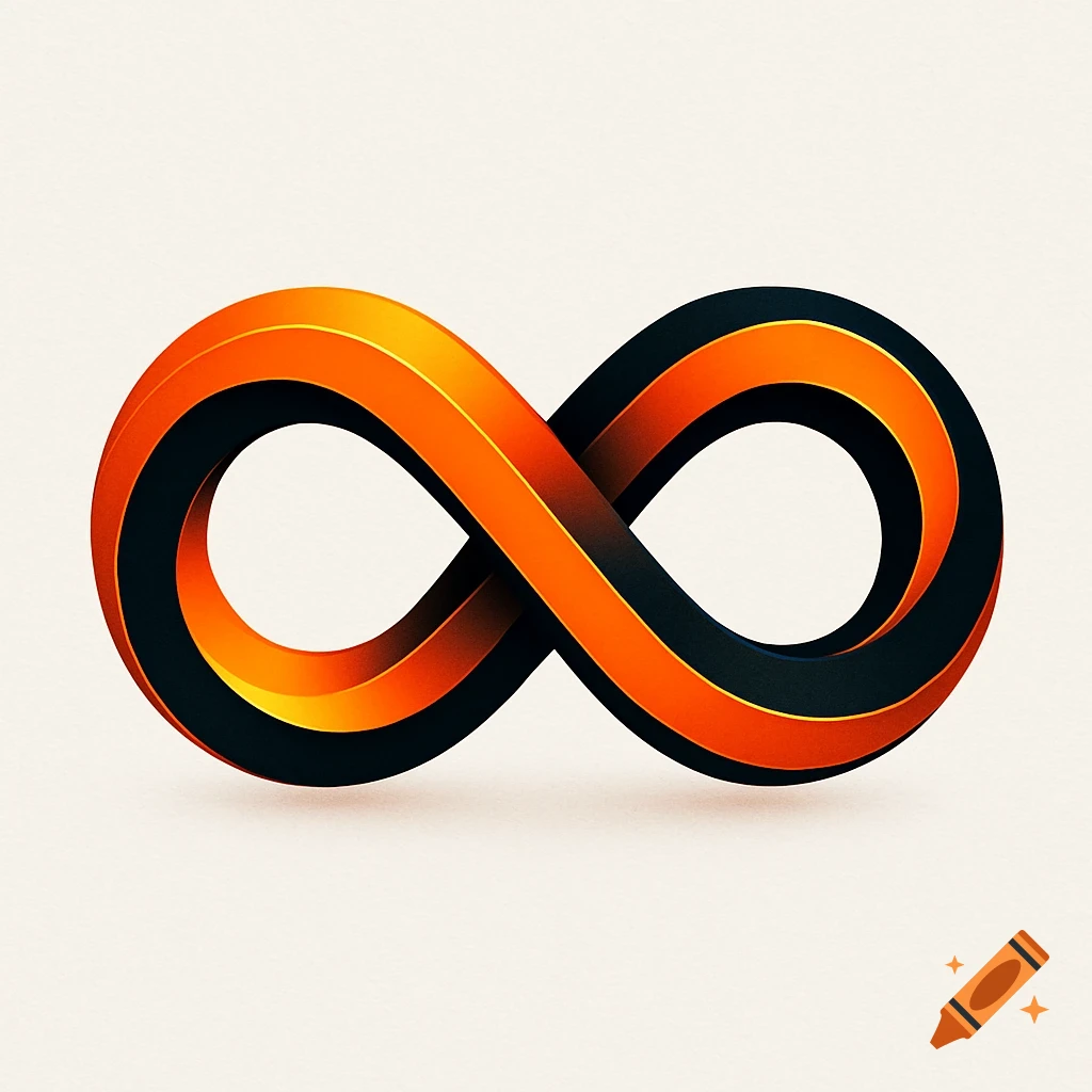 A stylized 3D infinity symbol in black and orange with a metallic sheen, set against a light, plain background.