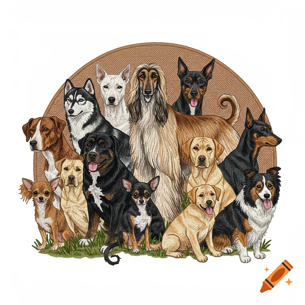 A group of diverse dog breeds, including a Husky, Chihuahua, Golden Labs, and an Afghan Hound, depicted in an embroidery patch style on a textured brown background.